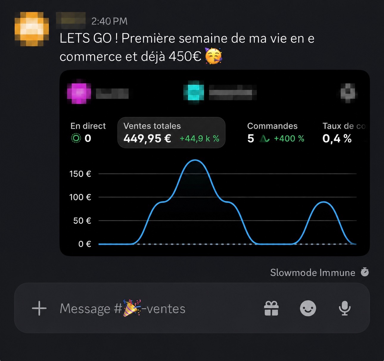 Message Discord d'un élève affichant 449,95 € de ventes dès sa première semaine